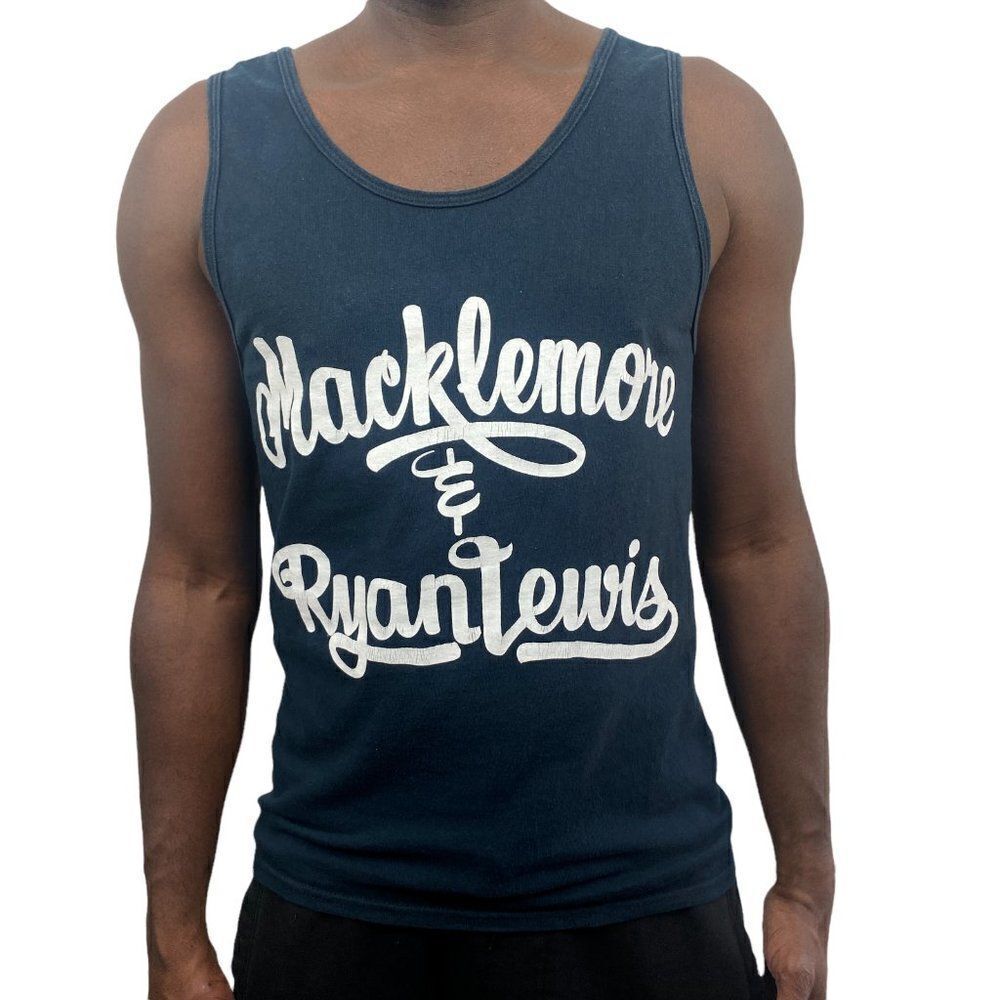 MACKLEMORE MEN'S Black Concert Logo Band Tank Top White Print US S